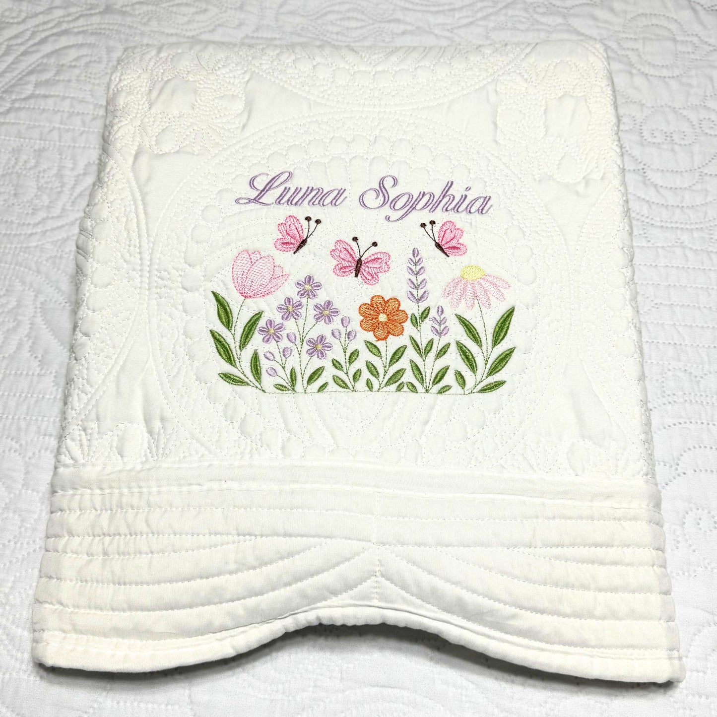 Personalized Baby Girl Quilt: Embroidered Cotton Floral Blanket