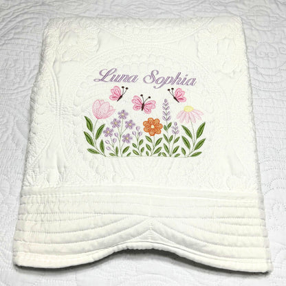 Personalized Baby Girl Quilt: Embroidered Cotton Floral Blanket