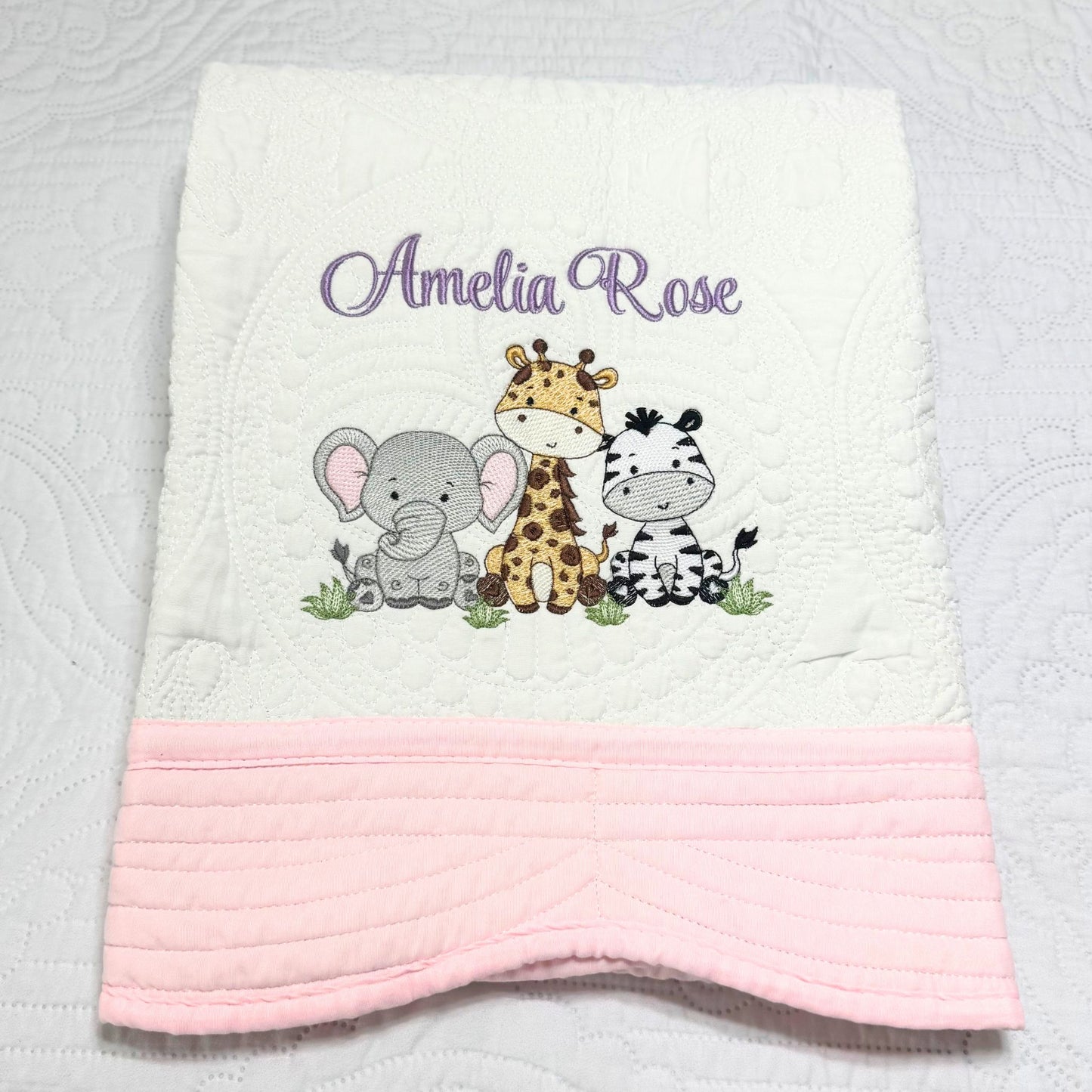 Personalized Baby Girl Quilt: Embroidered Cotton Custom Name Zoo Animals Blanket