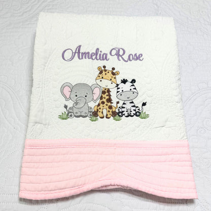 Personalized Baby Girl Quilt: Embroidered Cotton Custom Name Zoo Animals Blanket