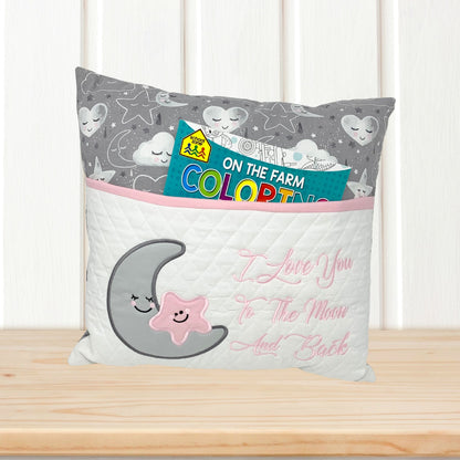 I Love You To The Moon Embroidered Reading Book Pocket Pillow