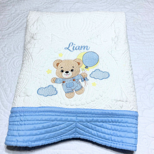 Personalized Baby Quilt: Embroidered Cotton Bear Balloon Blanket