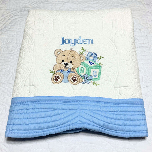 Personalized Baby Quilt: Embroidered Cotton Bear with Block