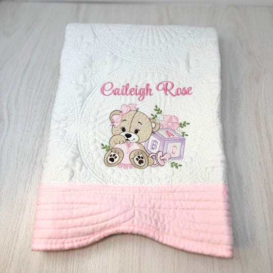 Personalized Baby Quilt: Embroidered Cotton Pink Bear with Block